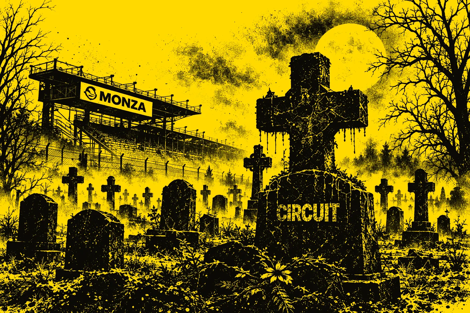 Illustrazione: cimitero dentro l'Autodromo di Monza, con una lapide che porta il nome Circuit
