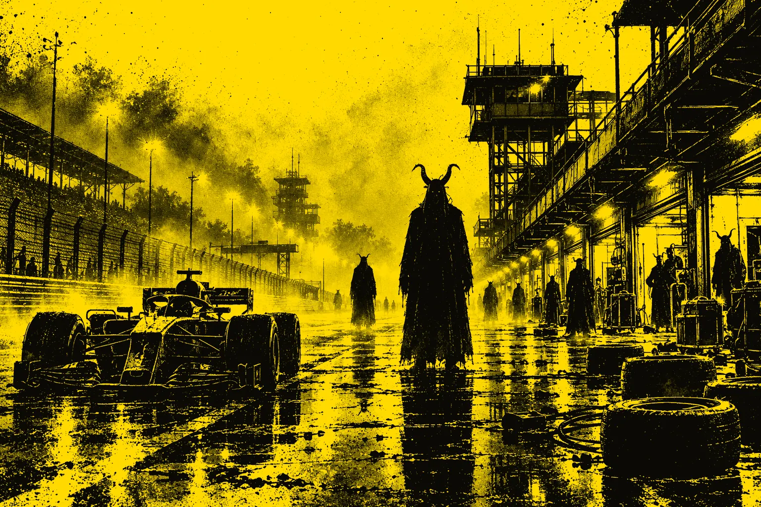Illustrazione: figure demoniache nella pit lane dell'Autodromo sotto la pioggia